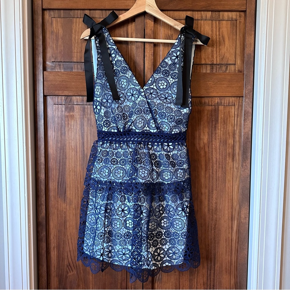 Self-Portrait Brand New Tiered Floral Lace Mini Cocktail Dress in Navy